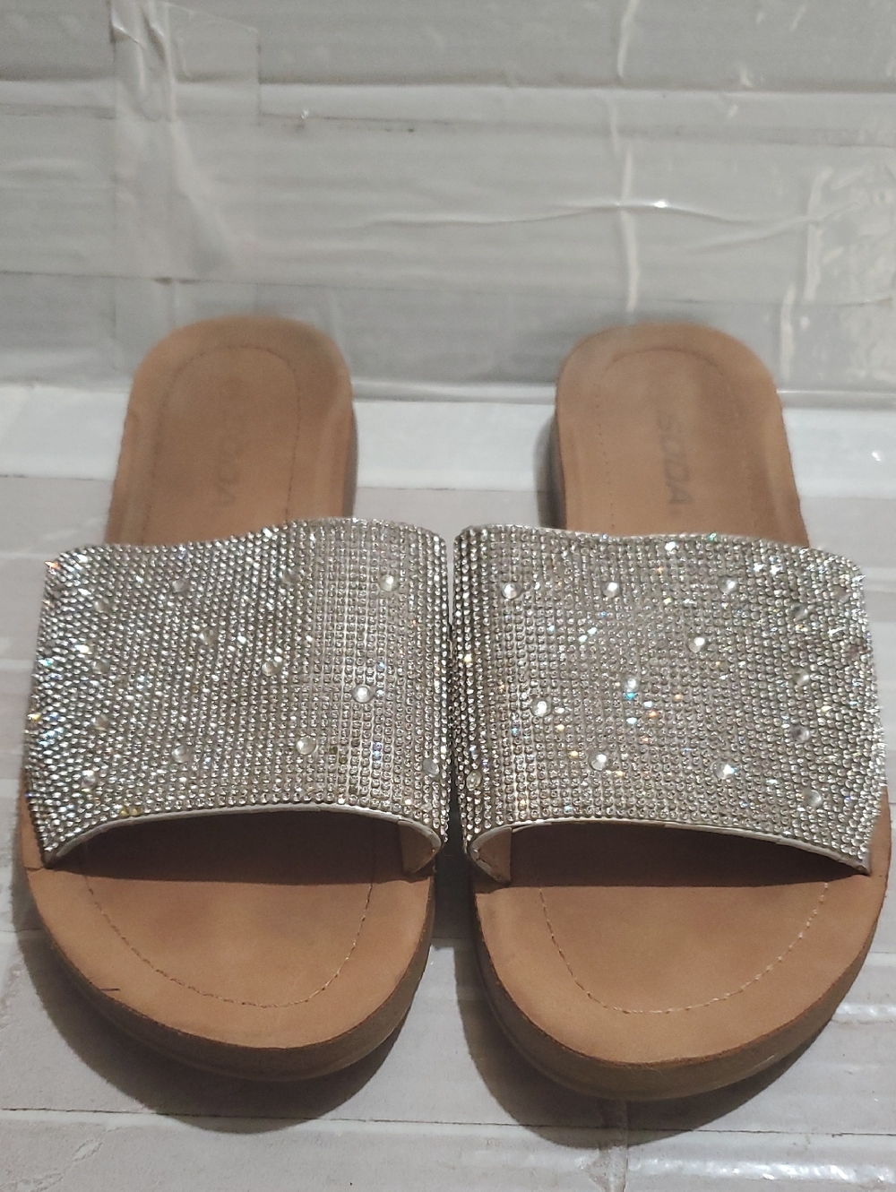 SODA Crystal Rhinestone Embellished Slide Sandals - Silver Size 9